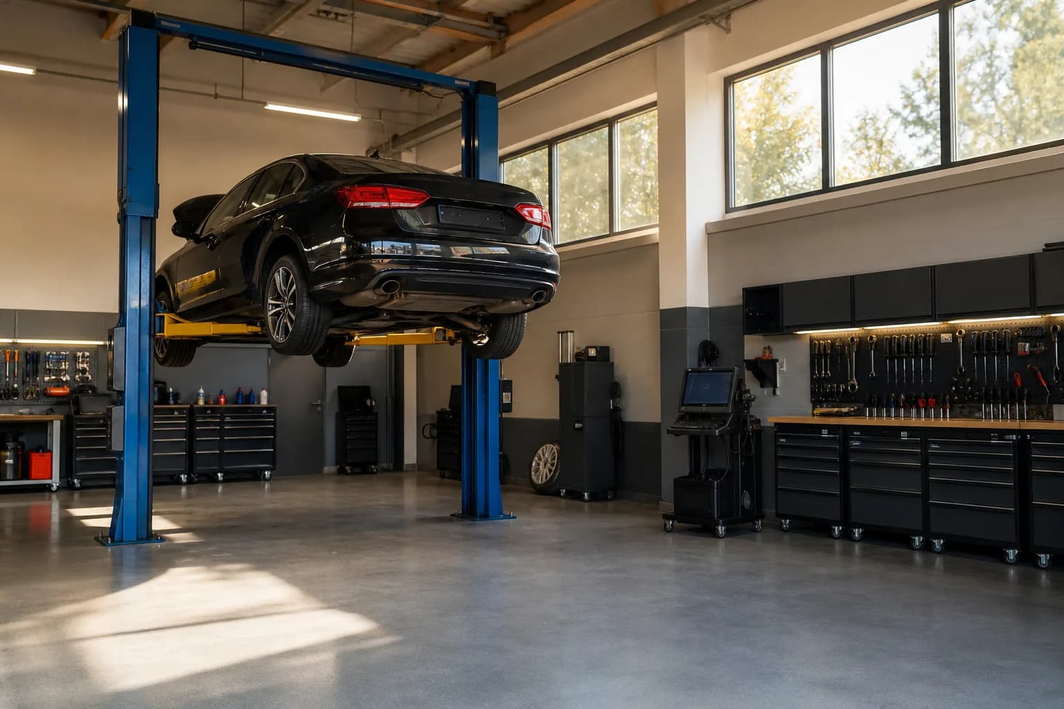 Inside the MechTronic workshop in Kilmarnock, a car raised on a ramp