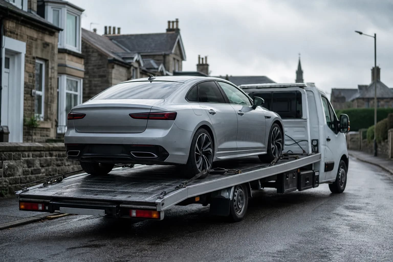 A silver car loaded on a flatbed recovery truck on a Kilmarnock street