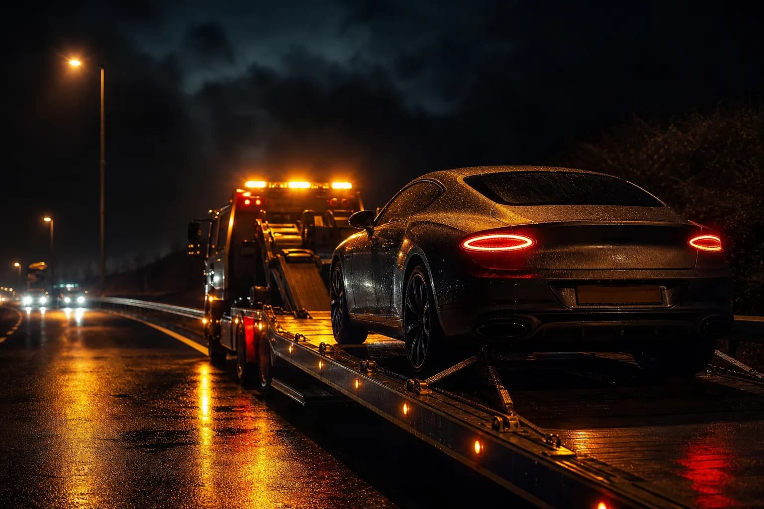 A car on a recovery truck at night with amber beacon lights on a wet road