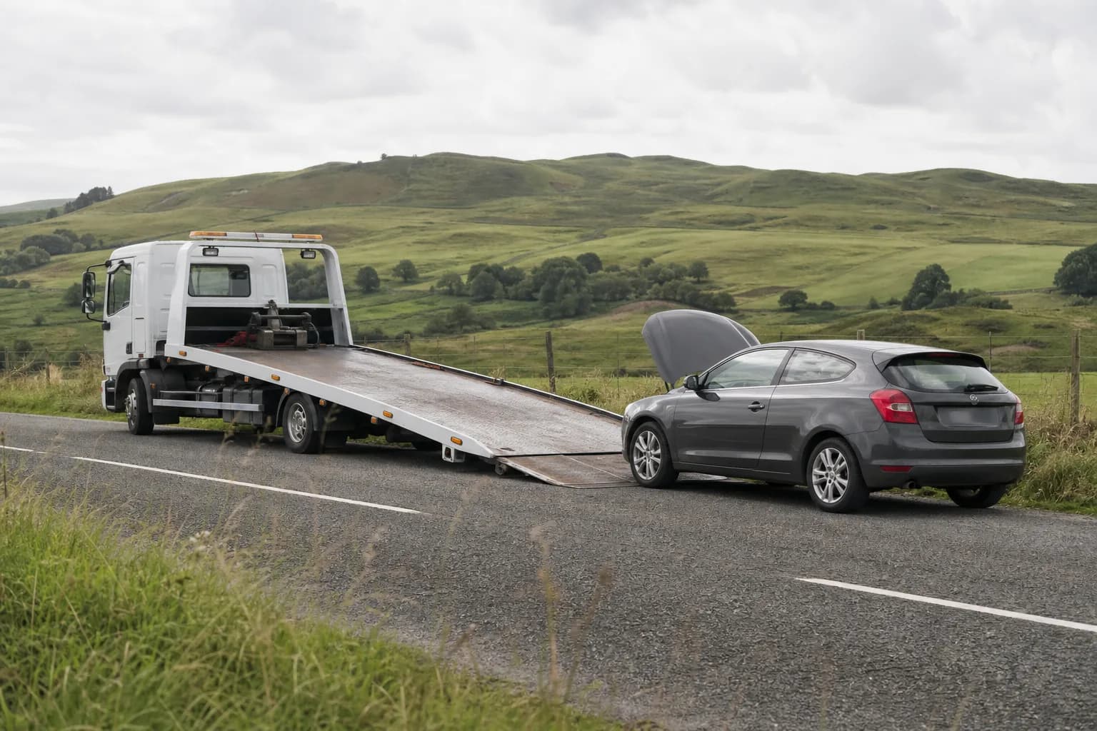 A recovery truck attending a car on a quiet Ayrshire country road