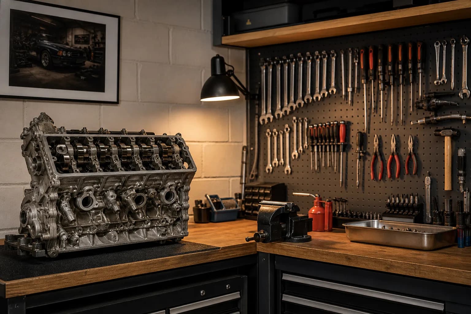A tidy corner of the MechTronic workshop with tools and an engine bay