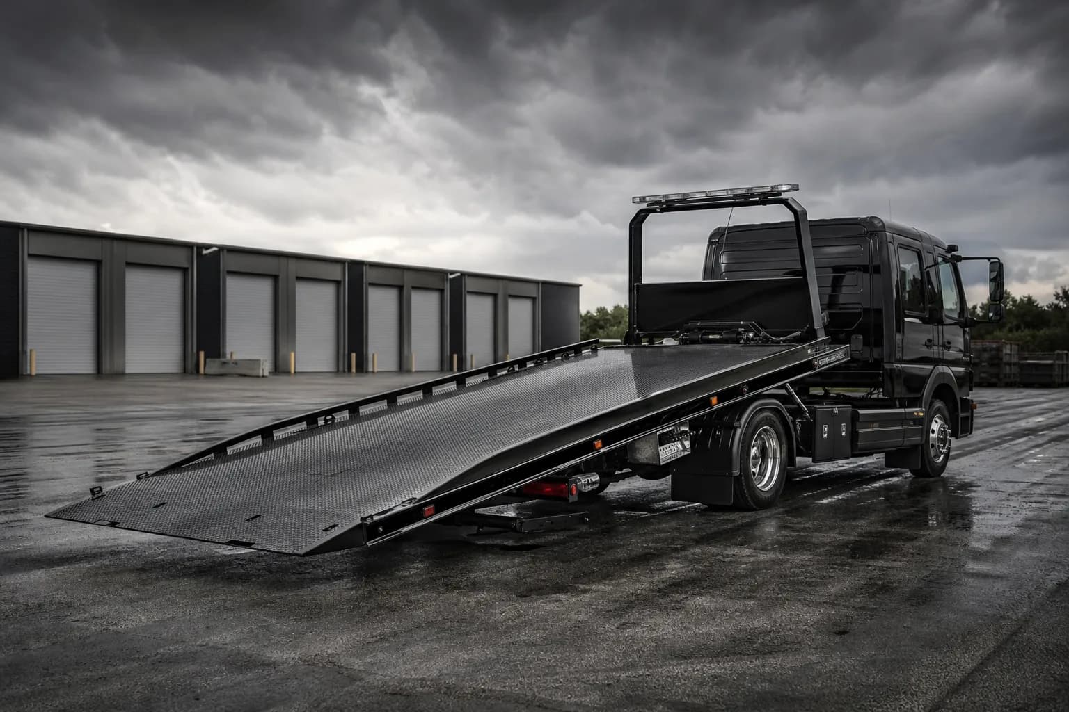 A heavy-duty vehicle recovery truck with an empty tilt bed under an overcast sky